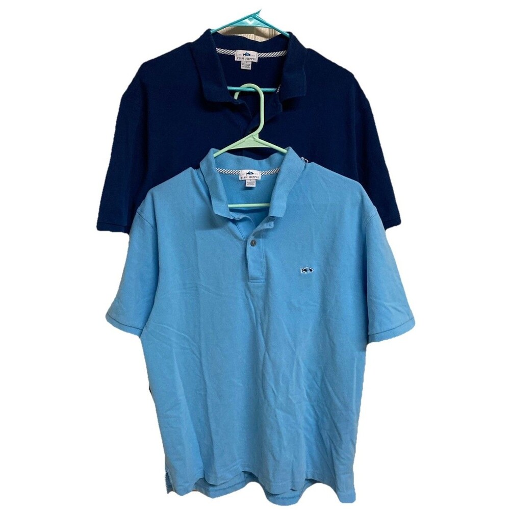 Men's Fish Hippie Pique Polo Shirt SS Blue Size Large Cotton Spandex Bundle of 2